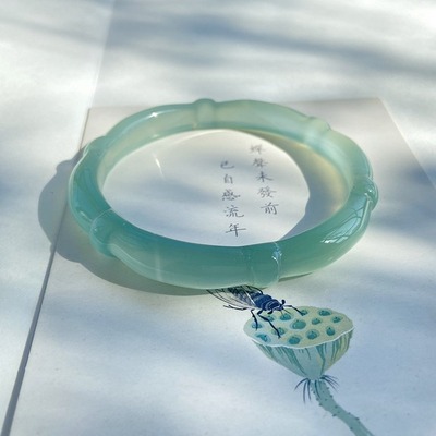 竹风天然冰透玛瑙手镯竹节藕节造型镯子油青色玉髓文艺复古风玉镯