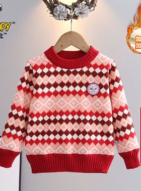 史努比女童加绒加厚半高领针织毛衣女宝秋冬新款外穿菱格保暖内搭