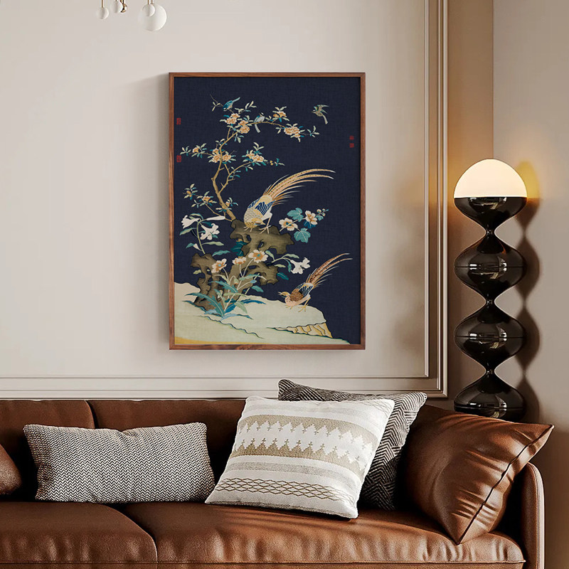 文石锦鸡图 中古风装饰画高级感法式中国风玄关客厅花鸟吉祥挂画