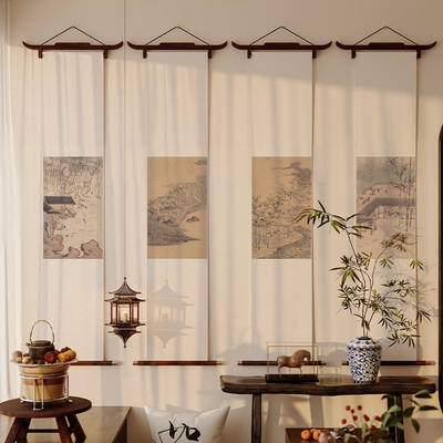 竖长条卷轴挂画茶室空间四联画