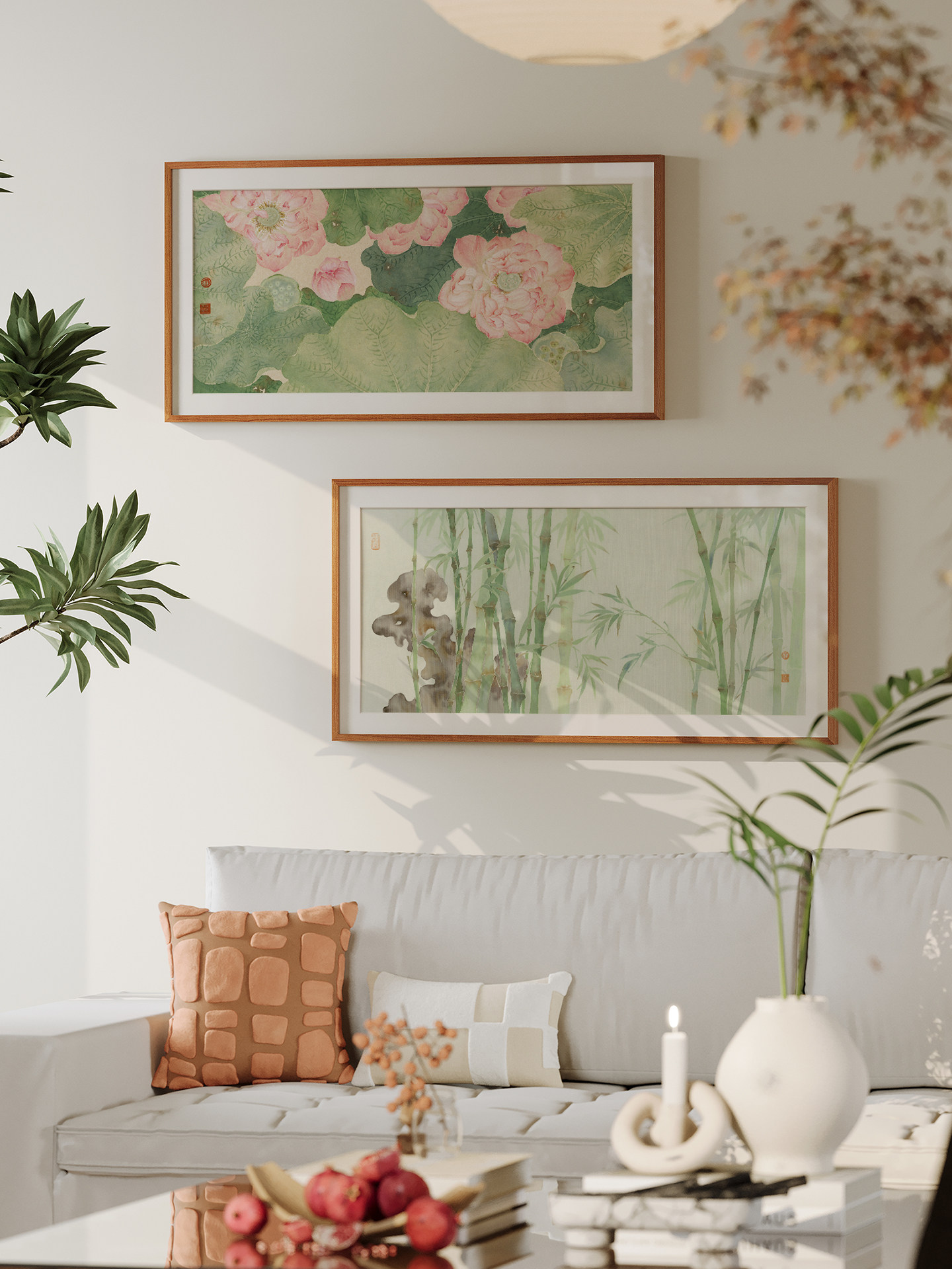 冰青 竹子荷花新中式装饰画客厅沙发背景墙卧室茶室民宿实木挂画
