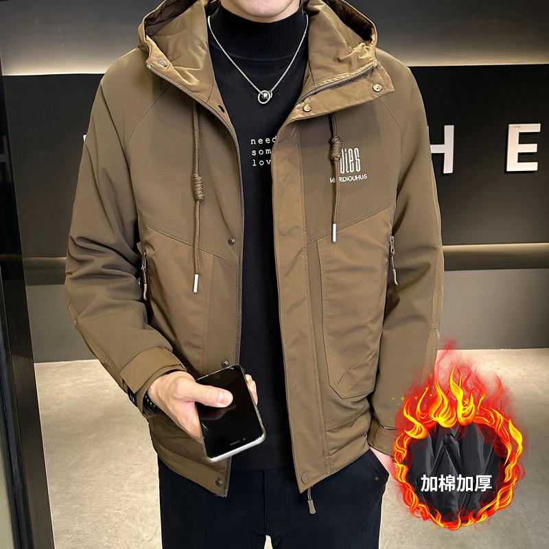 2023秋冬季新款连帽加棉加厚夹克男拼接针织外套时尚帅气保暖上衣