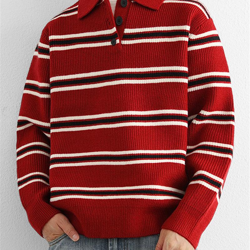 条纹拼色翻领毛衣男士秋冬季时尚加厚长袖针织衫潮牌休闲套头线衣