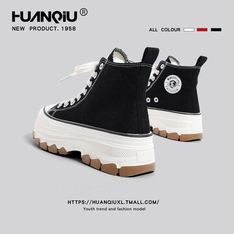环球爆款松糕厚底高帮帆布鞋女2026新款春季休闲板鞋时尚小白鞋子