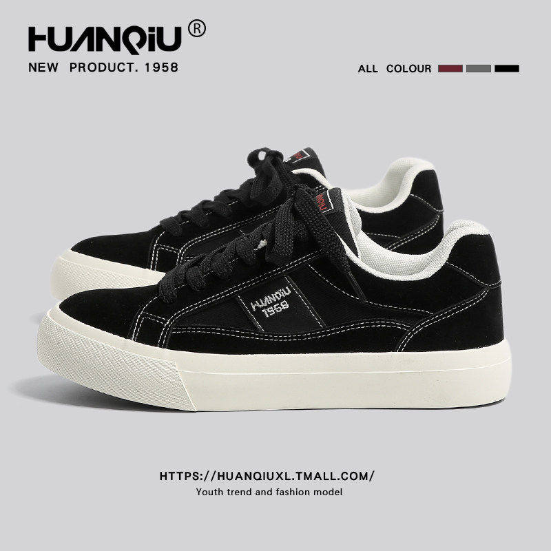 环球黑色面包板鞋男鞋2026新款春季百搭工装鞋男士休闲运动帆布鞋