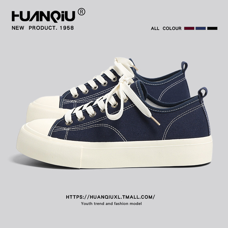 环球厚底帆布鞋男款小众深蓝色男鞋新款2026春季休闲运动百搭板鞋