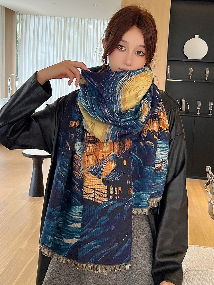 中国风围巾女秋冬季长款超大披肩两用国潮梦幻星空妈妈礼物围脖