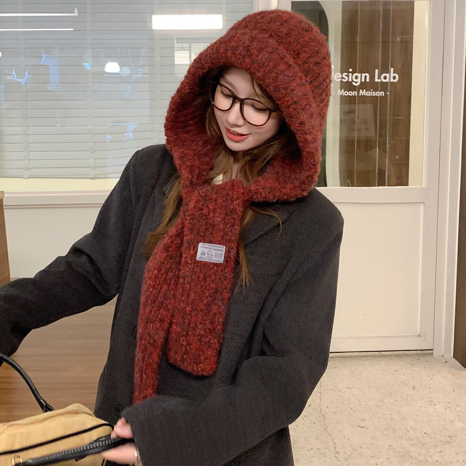 秋冬季连帽帽子女巴拉克拉法保暖针织帽围巾一体安哥拉红色毛线帽