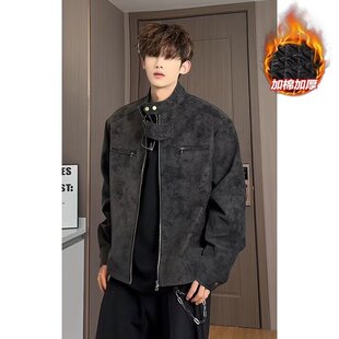 破界衣柜复古扎染立领PU皮衣外套男装 高级感痞帅廓形皮夹克机 美式