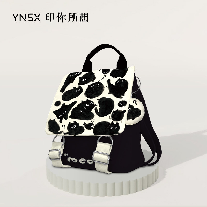 原创黑喵团团双肩书包黑白色可爱大容量小众设计感秋冬大学生背包