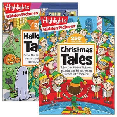 英文原版 Highlights Hidden Pictures Silly Sticker Stories 圣诞节/万圣节故事集2册 寻找隐藏图片 故事排序贴纸 进口原版书籍