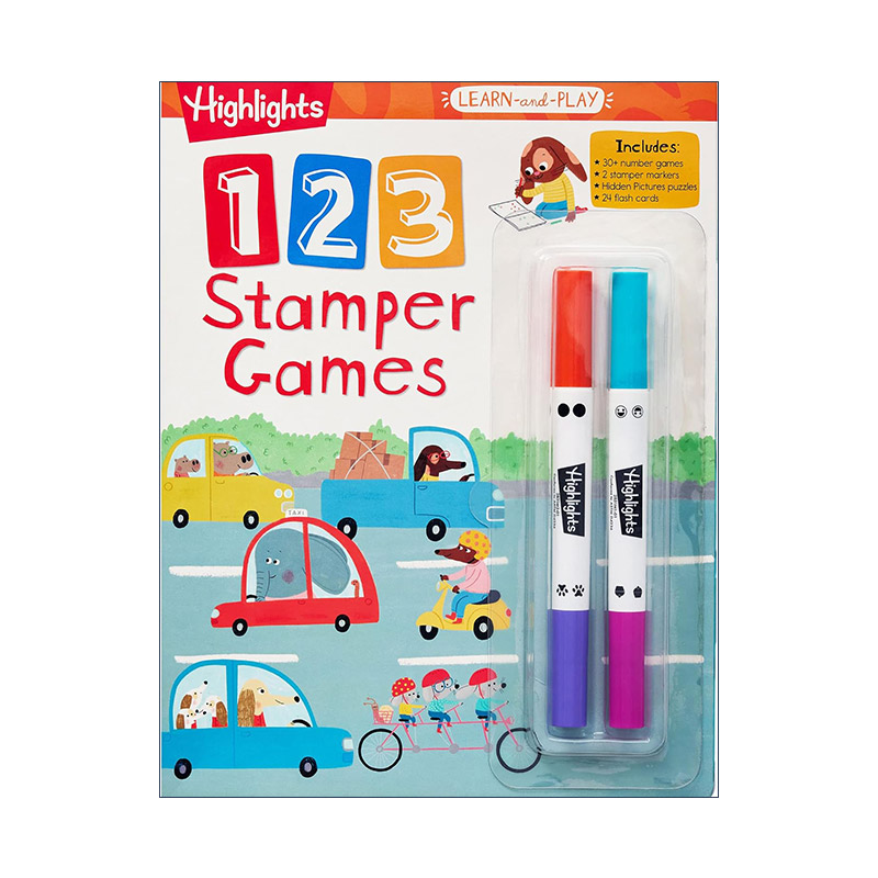 英文原版 Highlights Learn-and-Play 123 Stamper Games 亮点边玩边学系列 123印章游戏 学龄前儿童数学学习活动书 算数含抽认卡