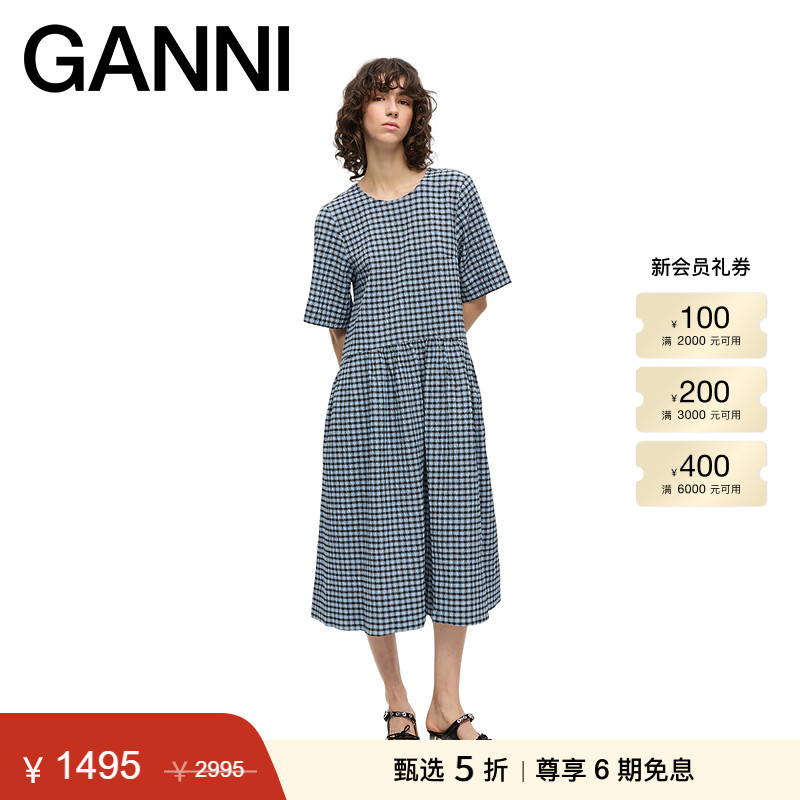 【甄选折扣】ganni女装 蓝色复古格纹泡泡纱连衣裙长裙 W0696326