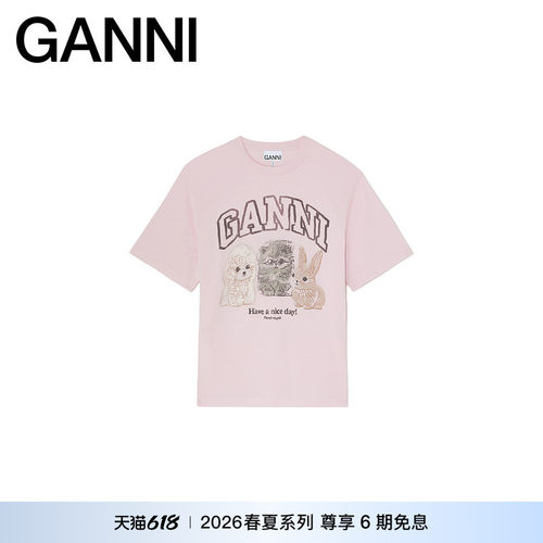 【春夏新款】GANNI女装 甜美粉动物高端纯棉短袖t恤 A1050296868