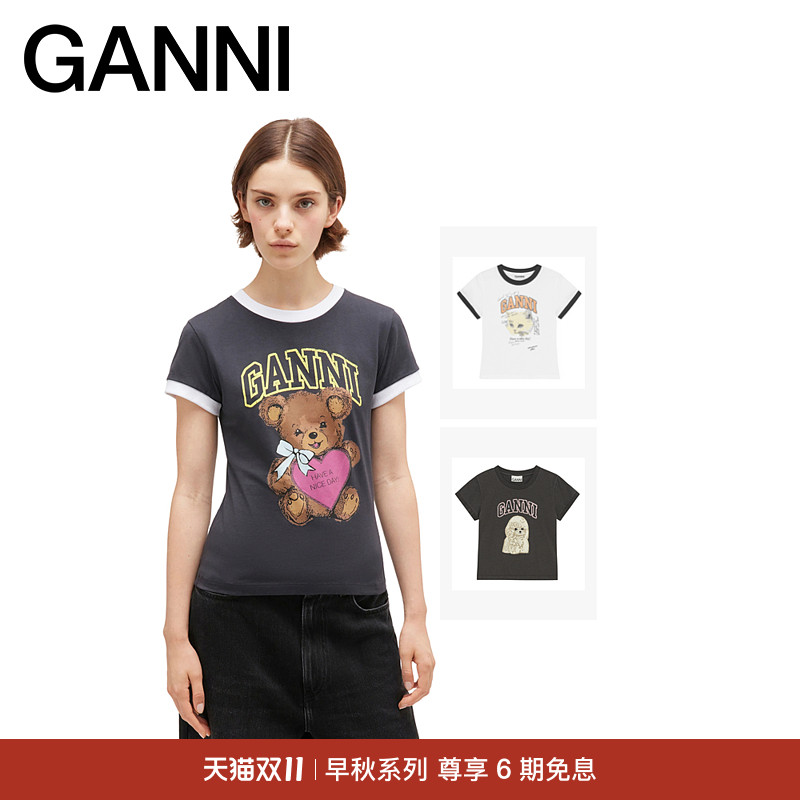 【早秋新品】GANNI女装 撞色趣味泰迪熊猫咪印花修身短袖T恤上衣