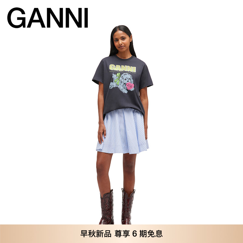 【早秋新品】GANNI女装 趣味小狗印花宽松短袖T恤上衣 T4333252