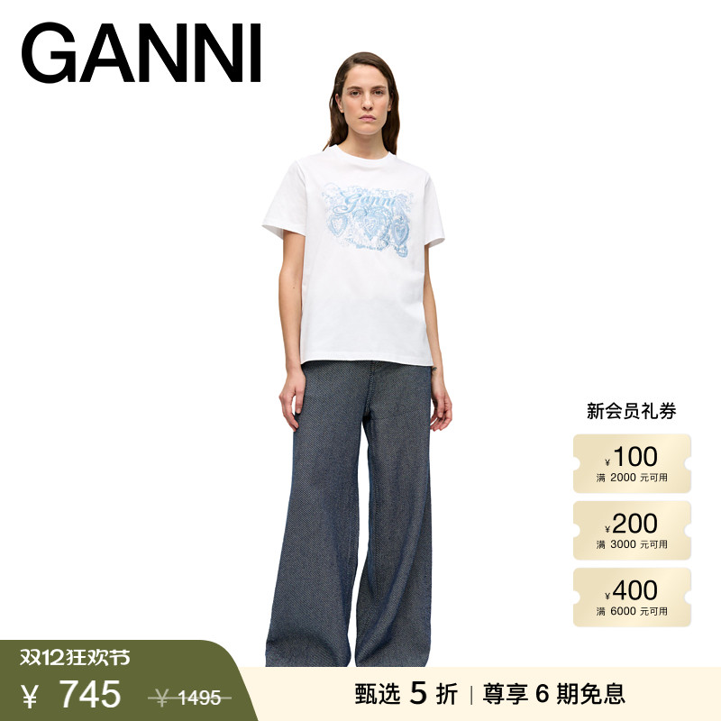 【甄选折扣】GANNI女装 亮蕾丝印花宽松短袖T恤上衣 T4158151