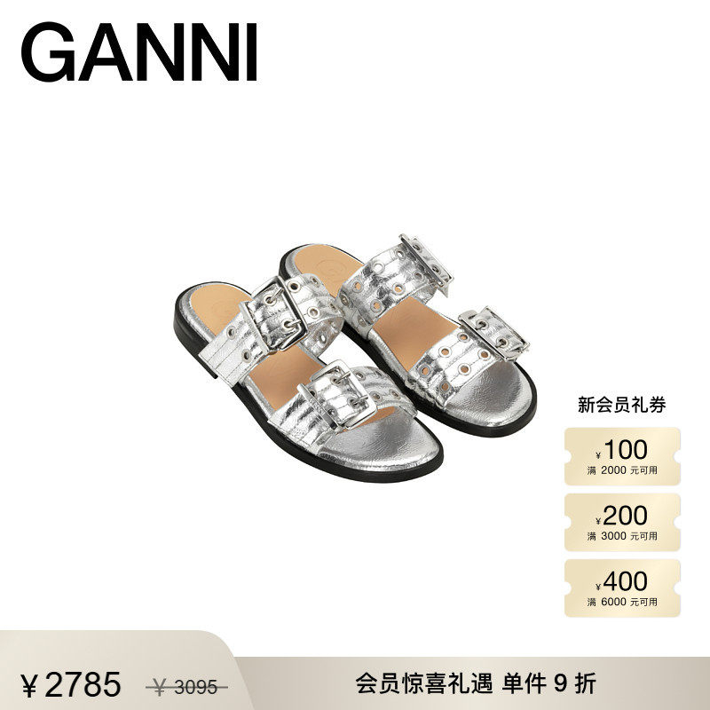 【早春系列】GANNI女鞋 银色双搭扣孔眼露趾时尚平底凉鞋S2666018
