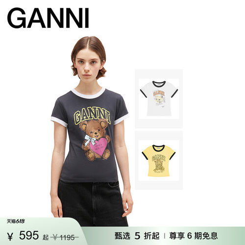 【惊喜首降】GANNI女装 泰迪熊猫咪美式辣妹休闲修身短袖T恤上衣