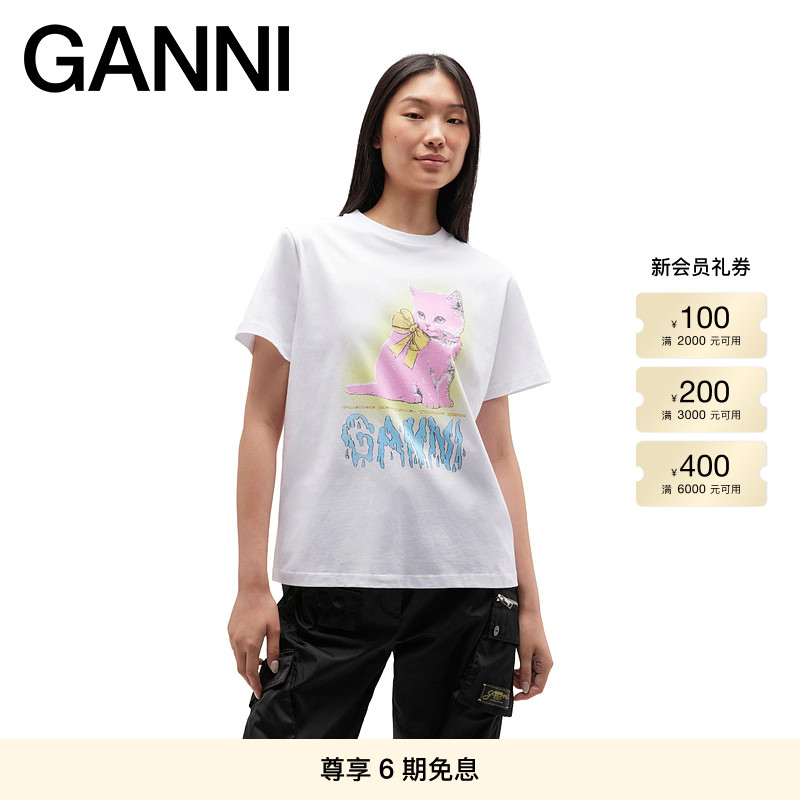 【秋冬新品】GANNI女装 优雅猫咪印花宽松短袖T恤上衣 T4339151