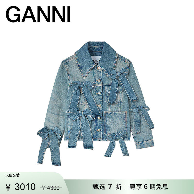 【甄选折扣】GANNI女装 水洗蓝色蝴蝶结牛仔夹克外套 A1010057567