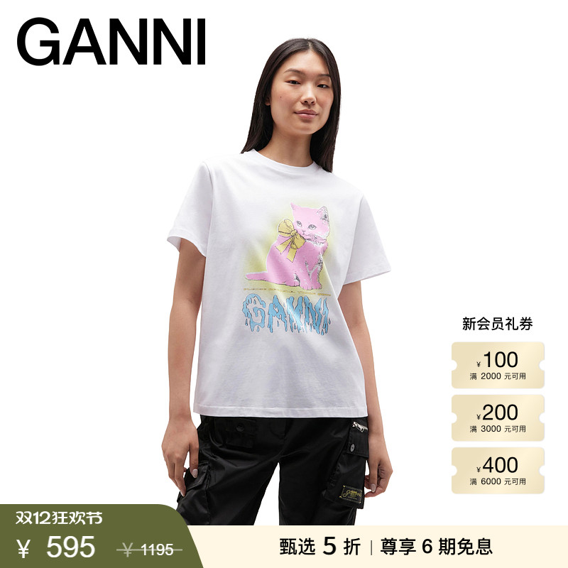 【秋冬首降】GANNI女装 优雅猫咪印花宽松短袖T恤上衣 T4339151