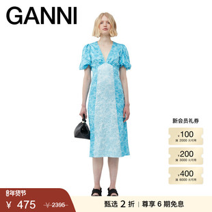 【甄选折扣】GANNI女装 天泡泡袖V领褶皱礼服连衣裙 F8123893
