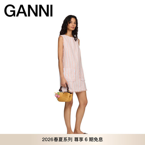 【春夏新款】GANNI女装 橙色条纹连衣裙亚麻无袖短裙 A1030582ZZ1