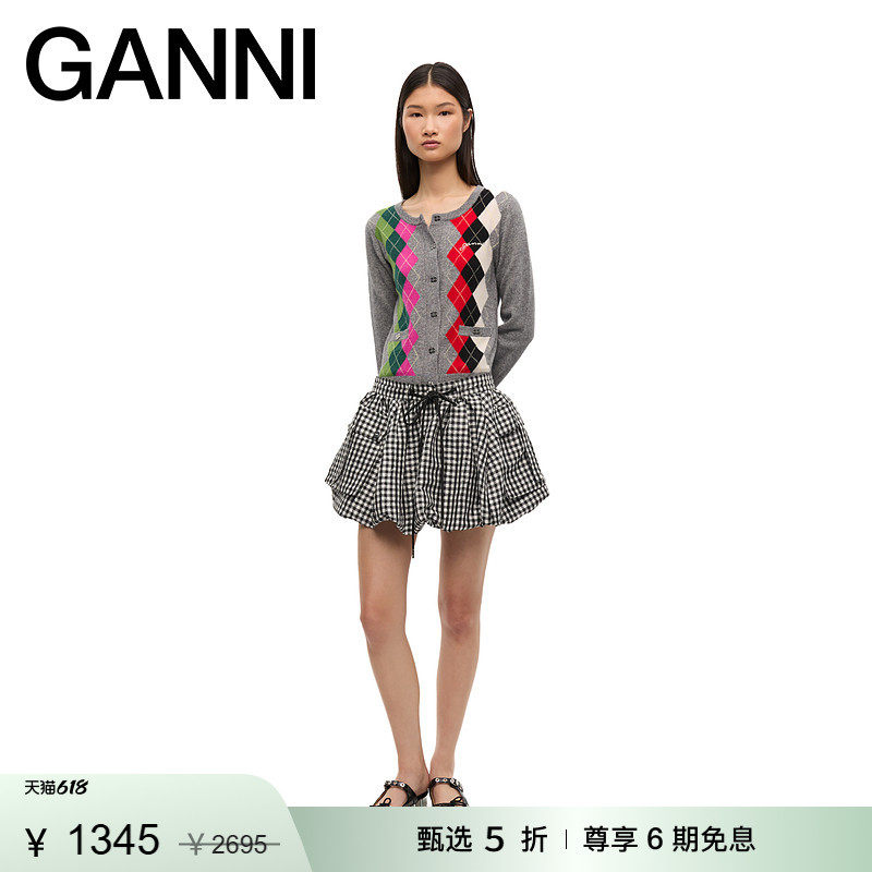 【惊喜首降】GANNI女装 黑白格纹时尚泡泡灯笼半身裙短裙W0465099