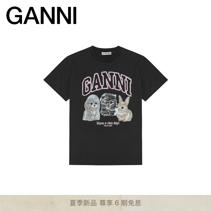 【夏季新品】GANNI女装 黑色趣味小动物印花圆领短袖T恤 T4379252