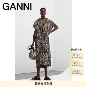 GANNI女装 时尚豹纹印花v领侧开叉连衣裙 F6953943