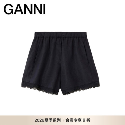 【新品会员9折】GANNI女装 黑色蕾丝裤子夏舒适短裤 A1110113099