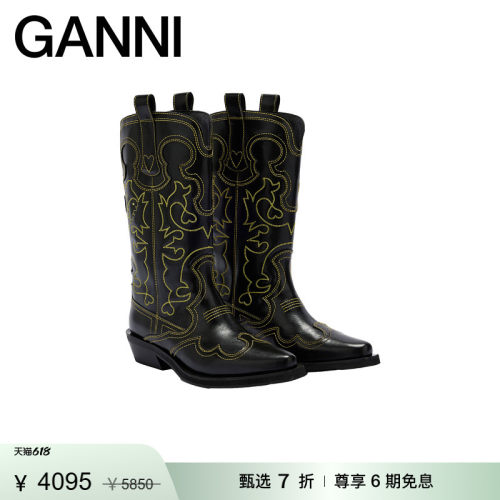【甄选折扣】GANNI女鞋 复古刺绣中筒靴西部靴骑士靴 B1010046358