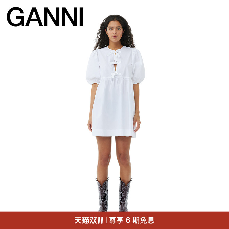 【明星同款】GANNI女装 白色系带棉质泡泡袖短裙连衣裙 F9170151