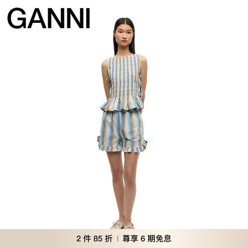 【2件85折】GANNI女装 渐变条纹褶边系带舒适无袖夏背心 W0455999