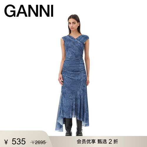 【甄选折扣】GANNI女装 复古长裙夏优雅背心修身连衣裙 T4075630