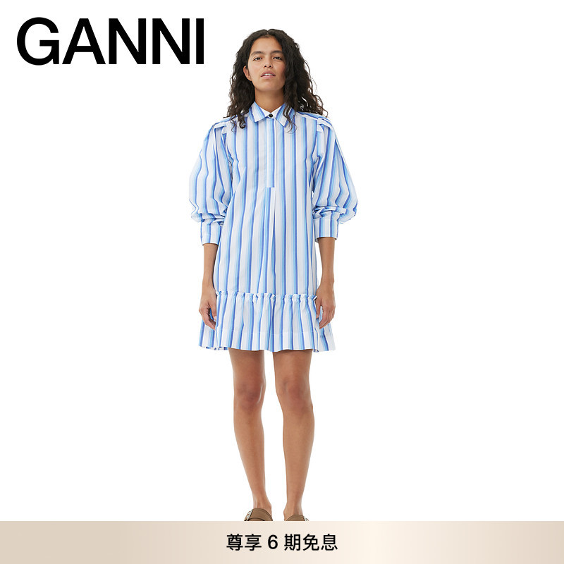 GANNI女装 蓝色条纹长袖衬衫裙早秋通勤短款宽松连衣裙 F9021695图片