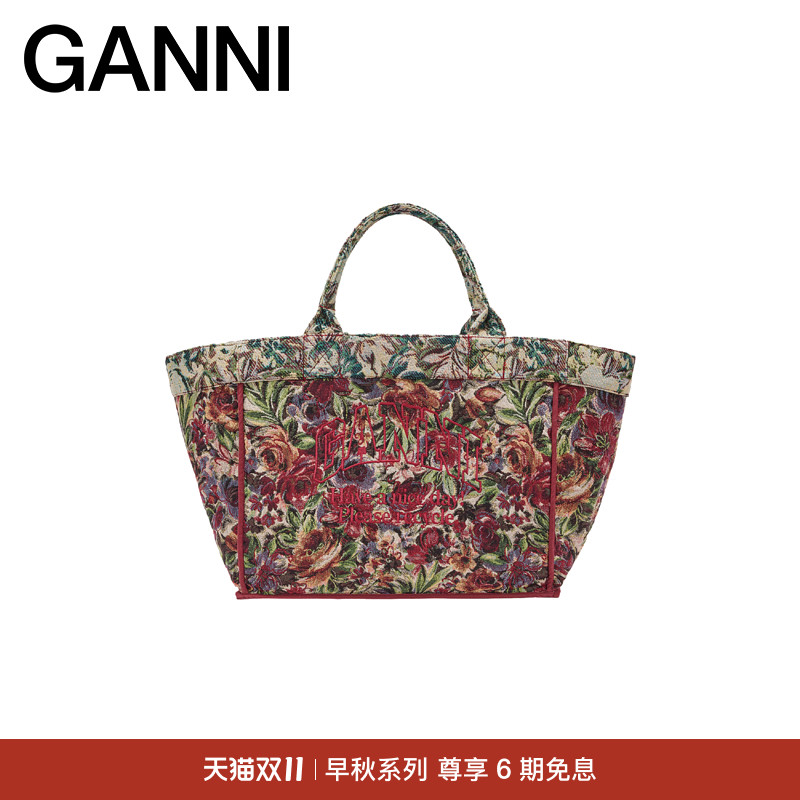 【早秋新品】GANNI女包 复古花卉双面刺绣大号托特包 A708121K