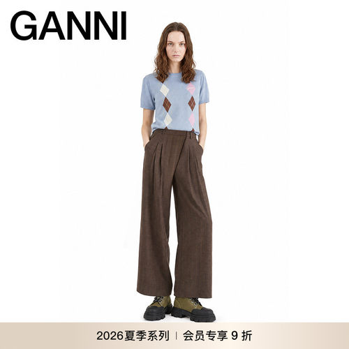 【夏季新款】GANNI女装 复古菱形格纹上衣短袖针织衫 A1040295326
