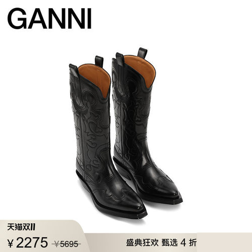 新品中筒刺绣西部靴GANNI