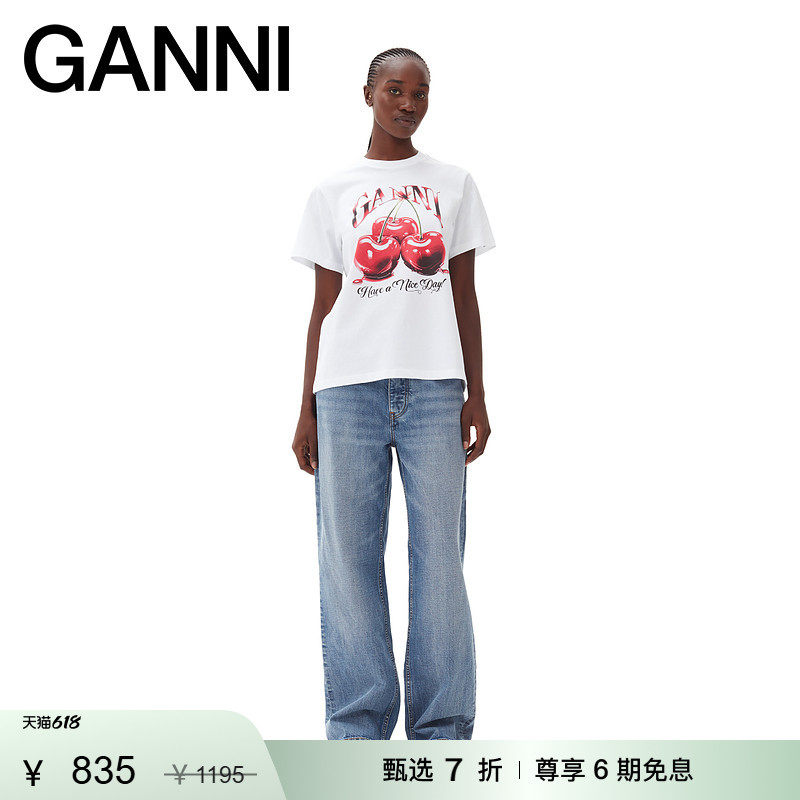【甄选折扣】GANNI女装 亮白色樱桃宽松短袖T恤圆领上衣 T4004151