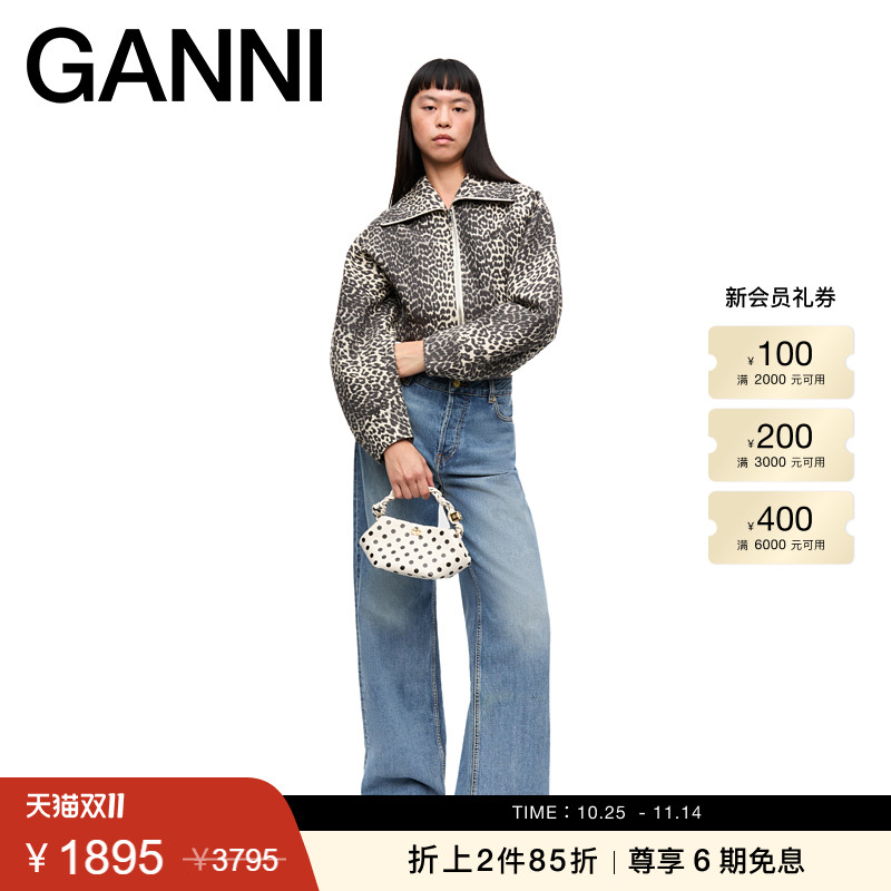 【折上2件85折】GANNI女装 复古豹纹宽松大衣领夹克外套W0235943