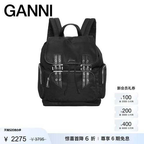 【惊喜首降】GANNI女包 Buck黑色logo简约休闲双肩包背包A6526099