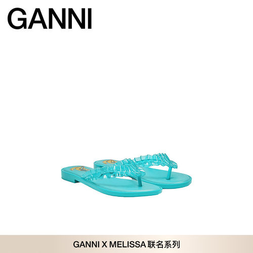 GANNI x Melissa联名 荷叶边夏季女鞋水蓝色平底拖鞋 D102003201L