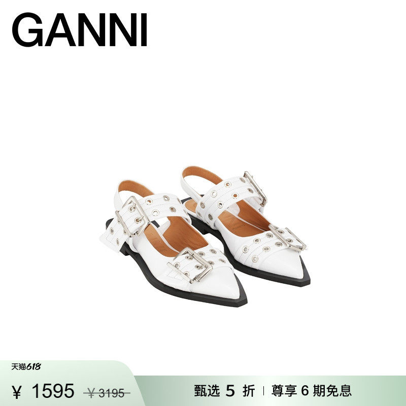 【甄选折扣】GANNI女鞋 白鹭色尖头系扣露跟凉鞋芭蕾鞋 S2842135