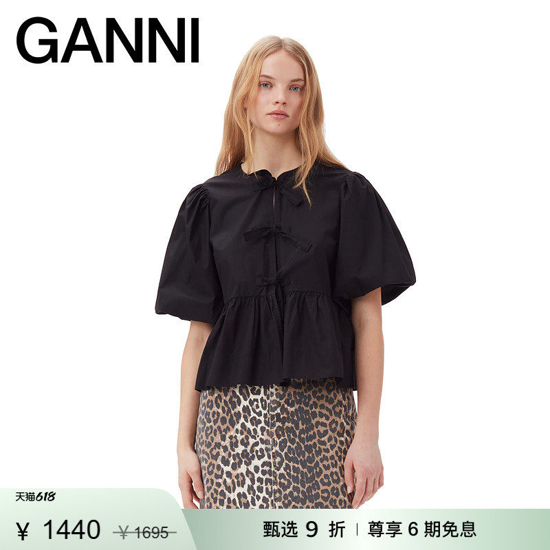 【甄选折扣】GANNI女装 黑色系带领结棉府绸衬衫上衣 F7364099
