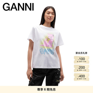 GANNI女装 优雅猫咪印花宽松短袖T恤上衣 T4339151