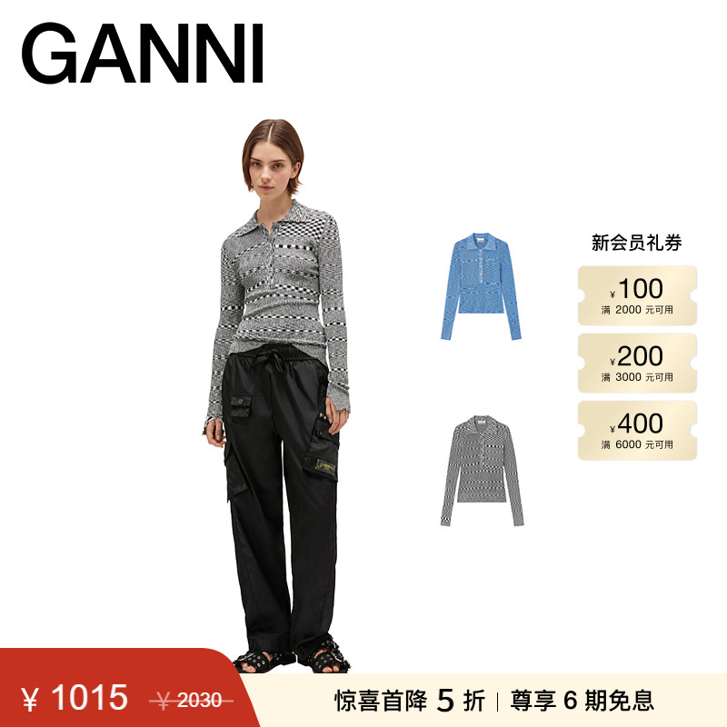 【秋冬首降】GANNI女装 不规则几何POLO领修身针织打底衫长袖内搭