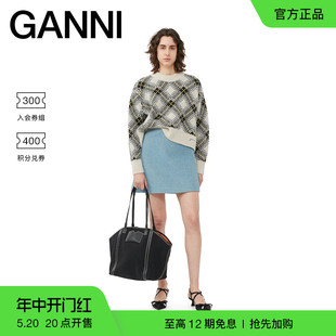 K2008135 GANNI女装 白鹭色格纹圆领羊毛混纺毛衣针织衫