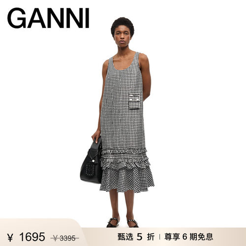 【甄选折扣】GANNI女装 黑白格纹U领荷叶边背心裙连衣裙 W0463099